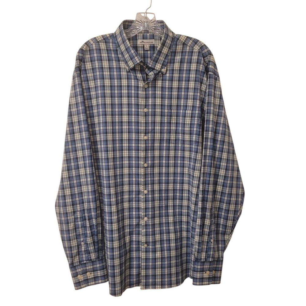 Peter Millar Shirt Men XL Blue Check Comfort Summer Long Button Down Performance